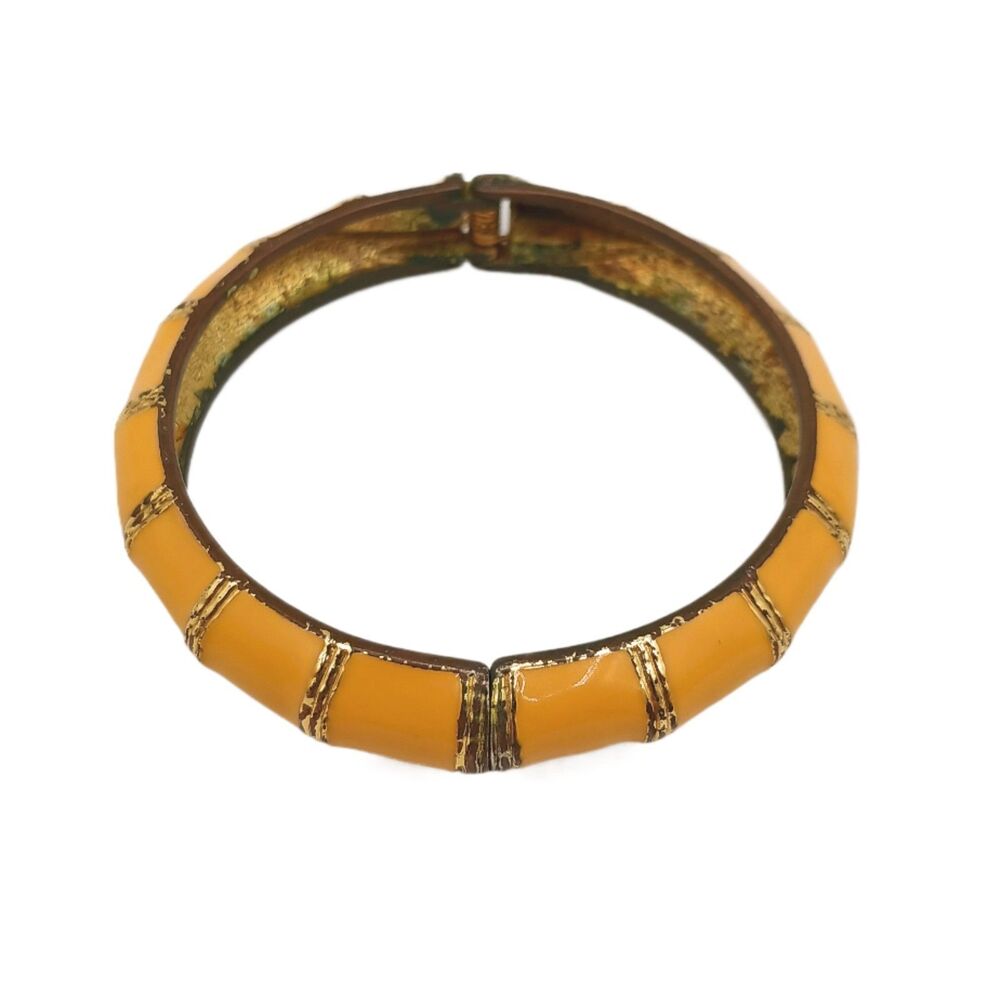 Vtg Bamboo Bangle Bracelet Yellow Enamel Gold Tone Hinged Classic Boho Chic